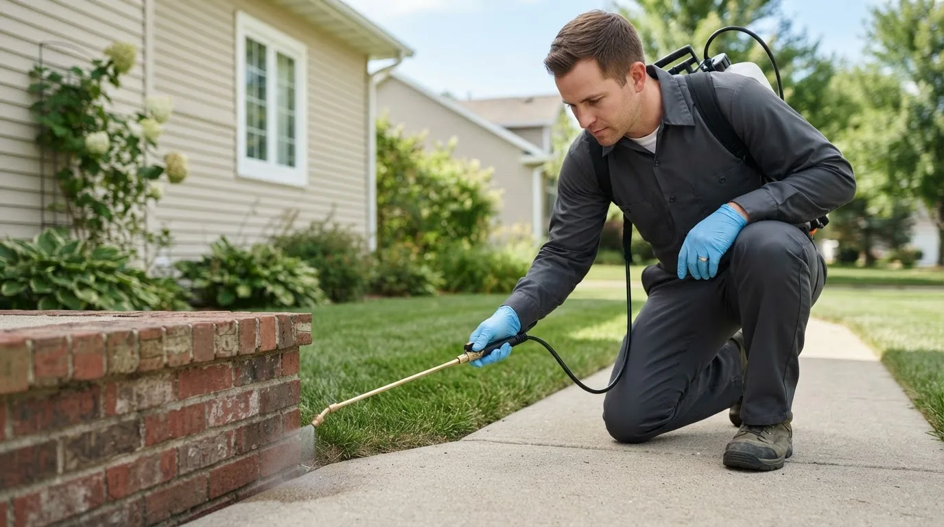 Pest control technician treating a home near Mound, MN